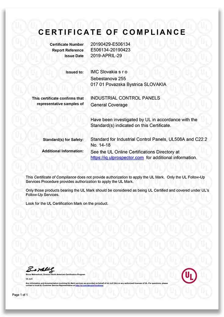 Certificate of compliance Industrial control panels General Coverage